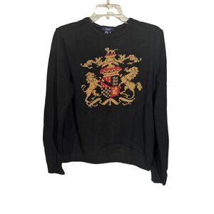 Chaps Mens XL Black Sweater Regal Lion Crest Embroidery 100% Cotton Coat of Arms